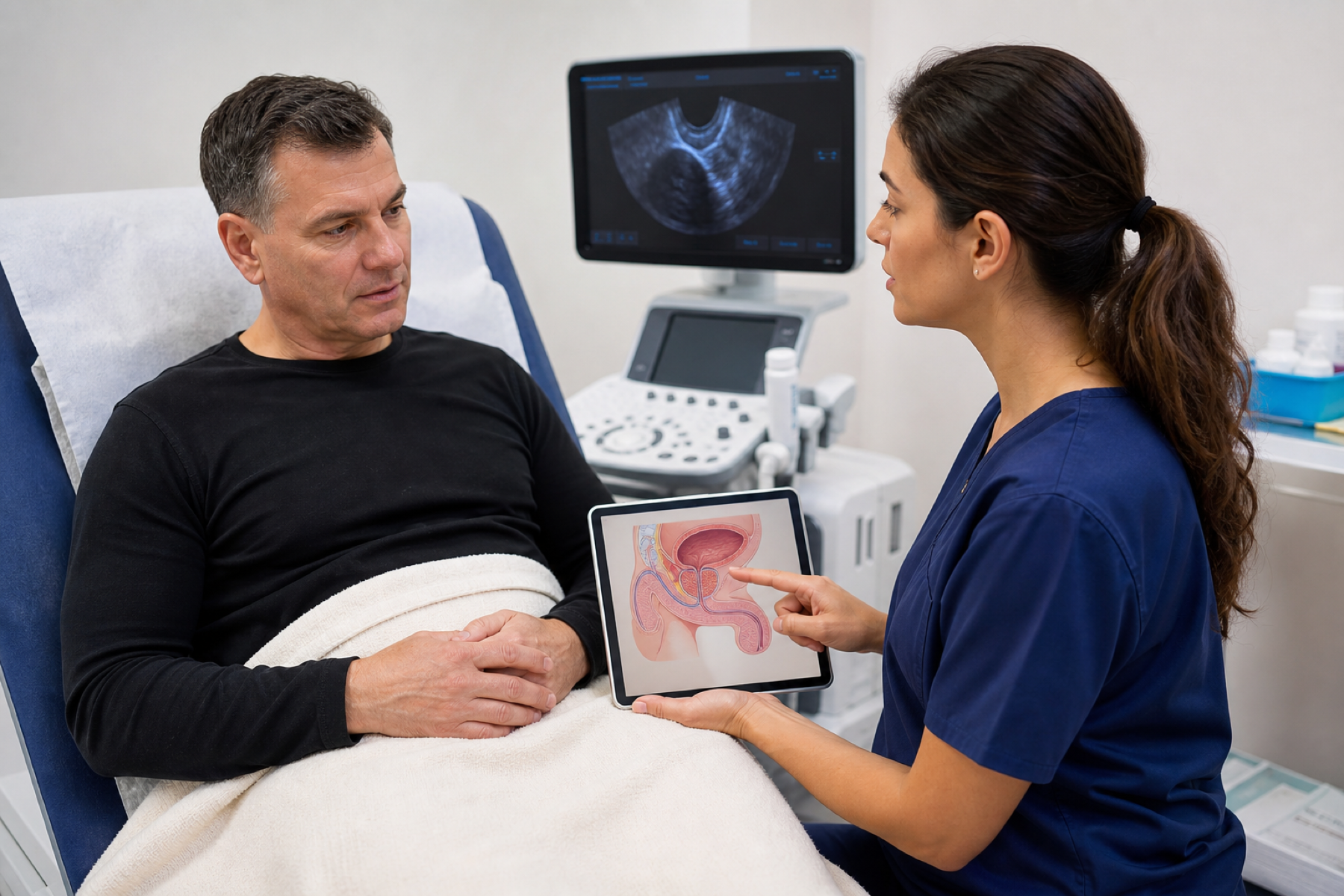 Clinician explaining prostate biopsy with anatomy diagram