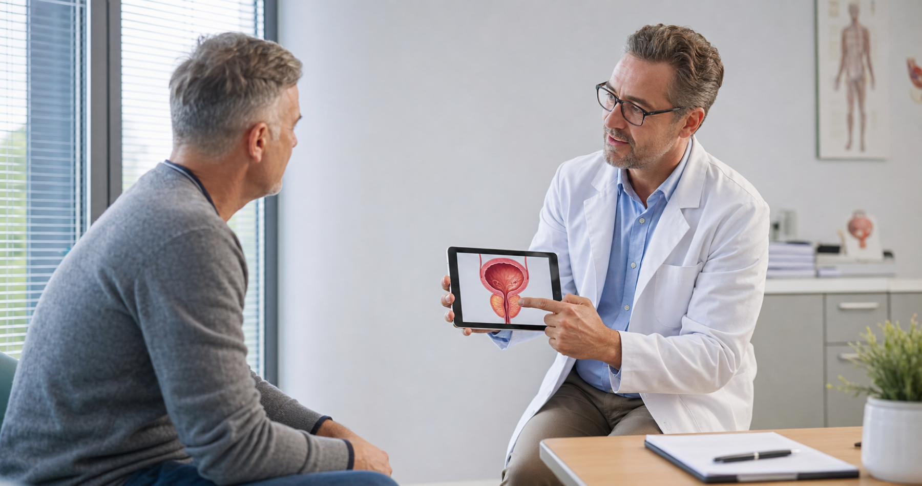 A doctor reassuring a man while explaining prostate anatomy on a tablet