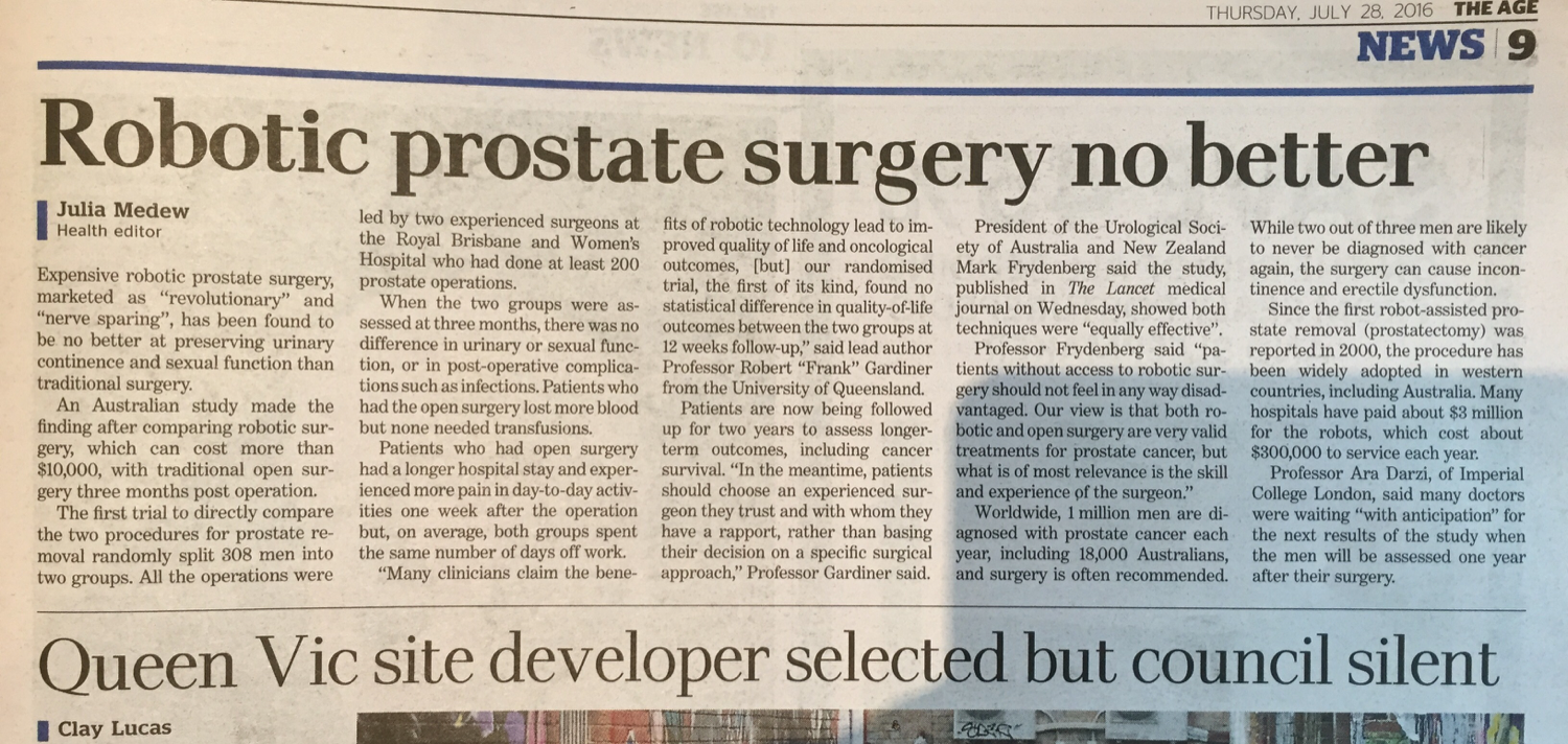 Newspaper clipping about robotic prostate surgery evidence